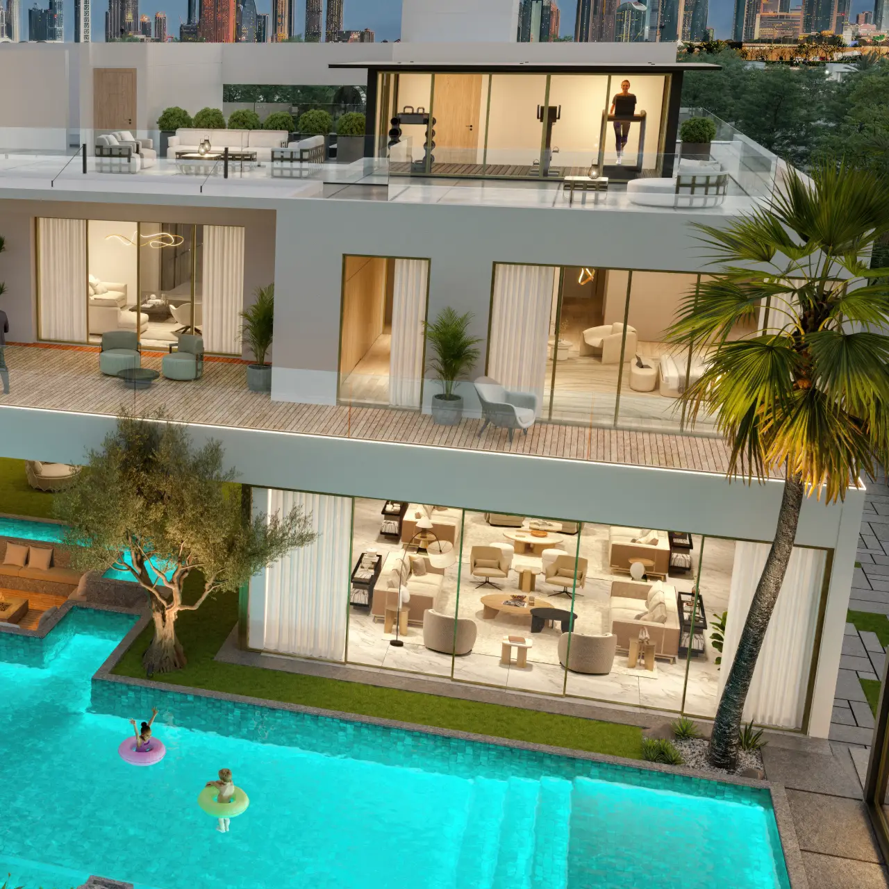 Modern villa landscape with a large swimming pool, sunken fire-pit seating, outdoor lounge areas, garden paths, palm trees, and layered planting.