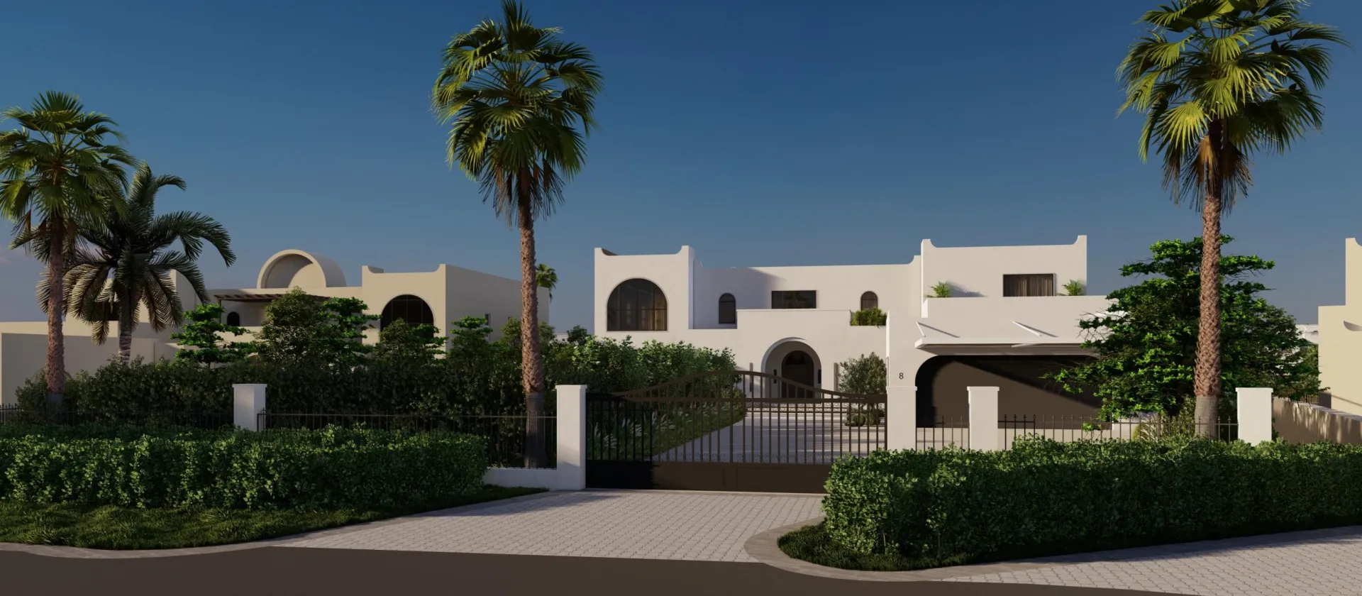 Two-story white villa design in Jumeirah Islands Dubai with arched windows, palms, hedges and a private gated entry