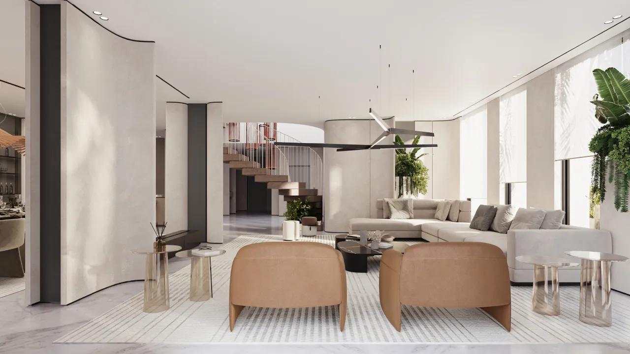 Contemporary style open plan living interior design and staircase design with curved walls, beige lounge furniture, caramel chairs, black pendant lighting and indoor greenery