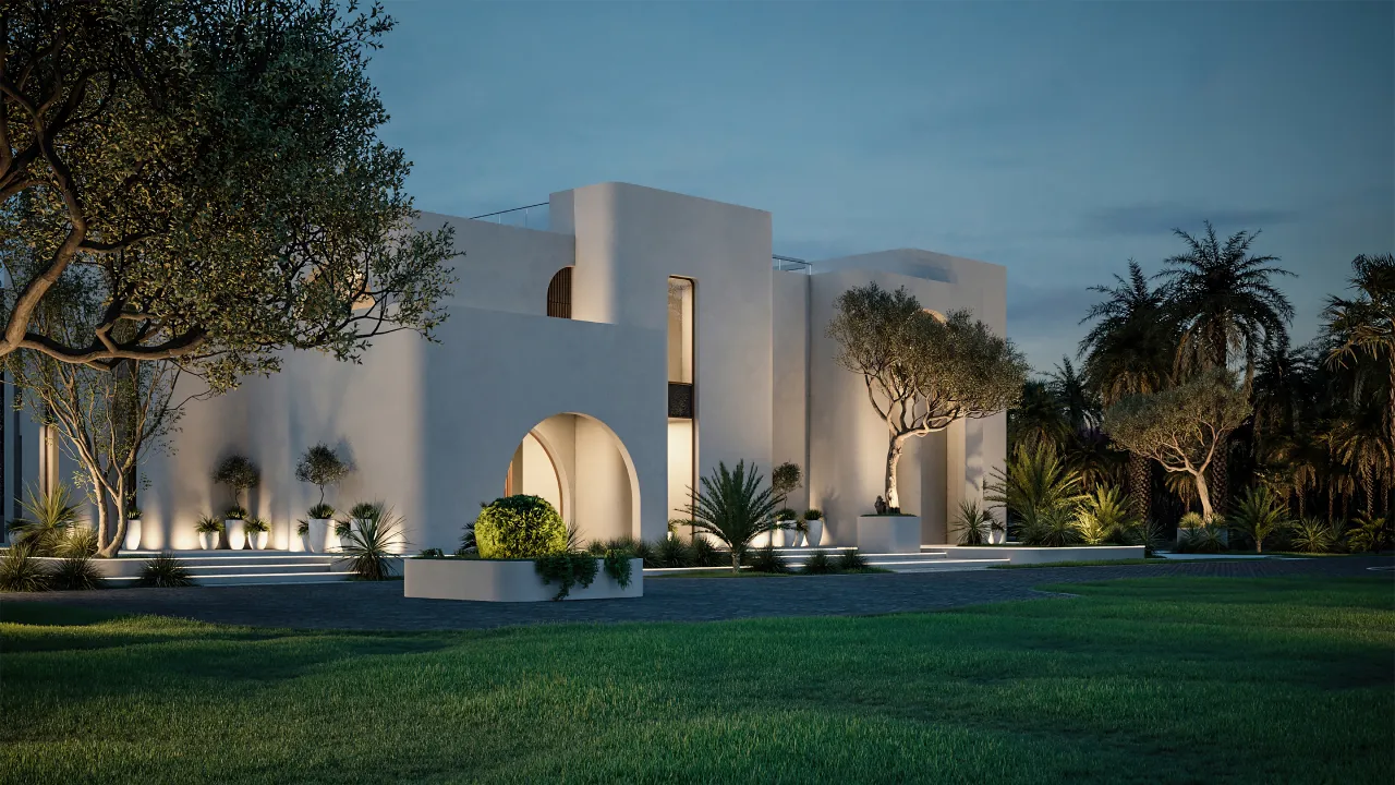 Evening exterior lighting for Dubai villa design and build project with white sculptural facade, arched openings, timber accents, pool lighting, and garden planting