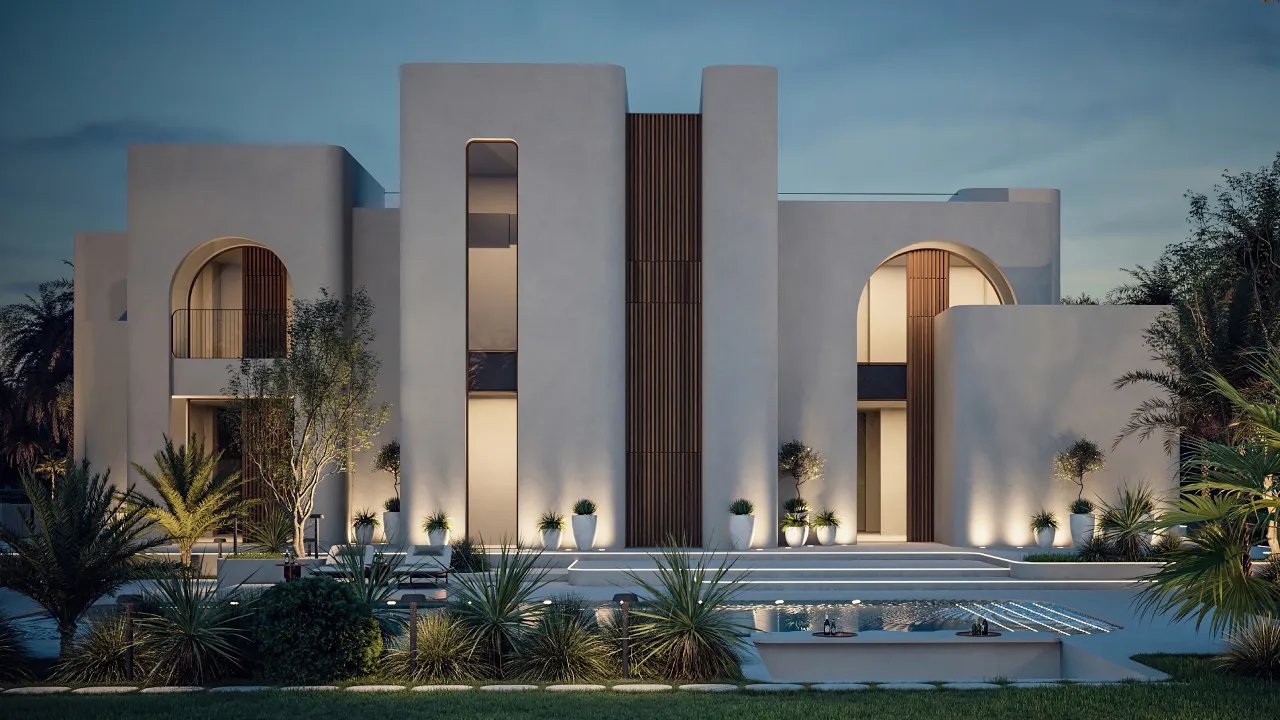 Aerial view of Veda villa design and a whole house renovation project in Al Awir with landscaped garden, swimming pool, terraces, and white villa architecture