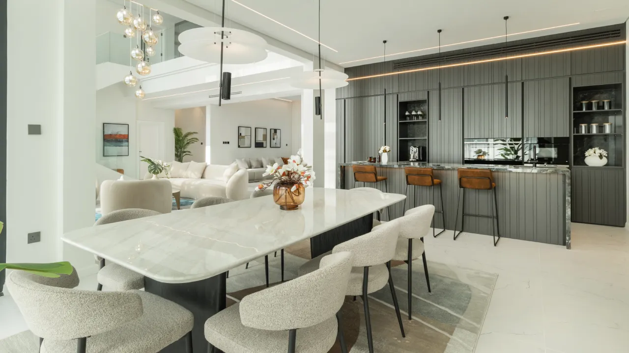 House remodeling in Jumeirah Islands with open dining and kitchen layout