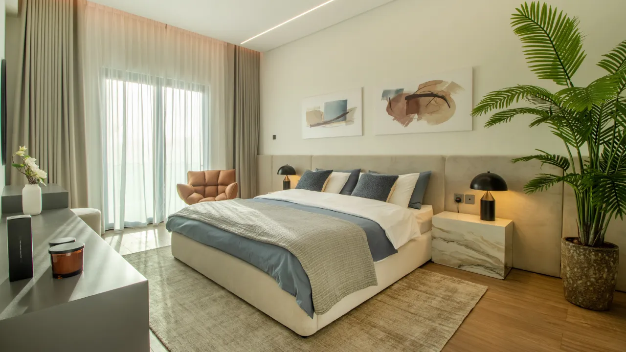 Warm bedroom interior design in Dubai and wood flooring