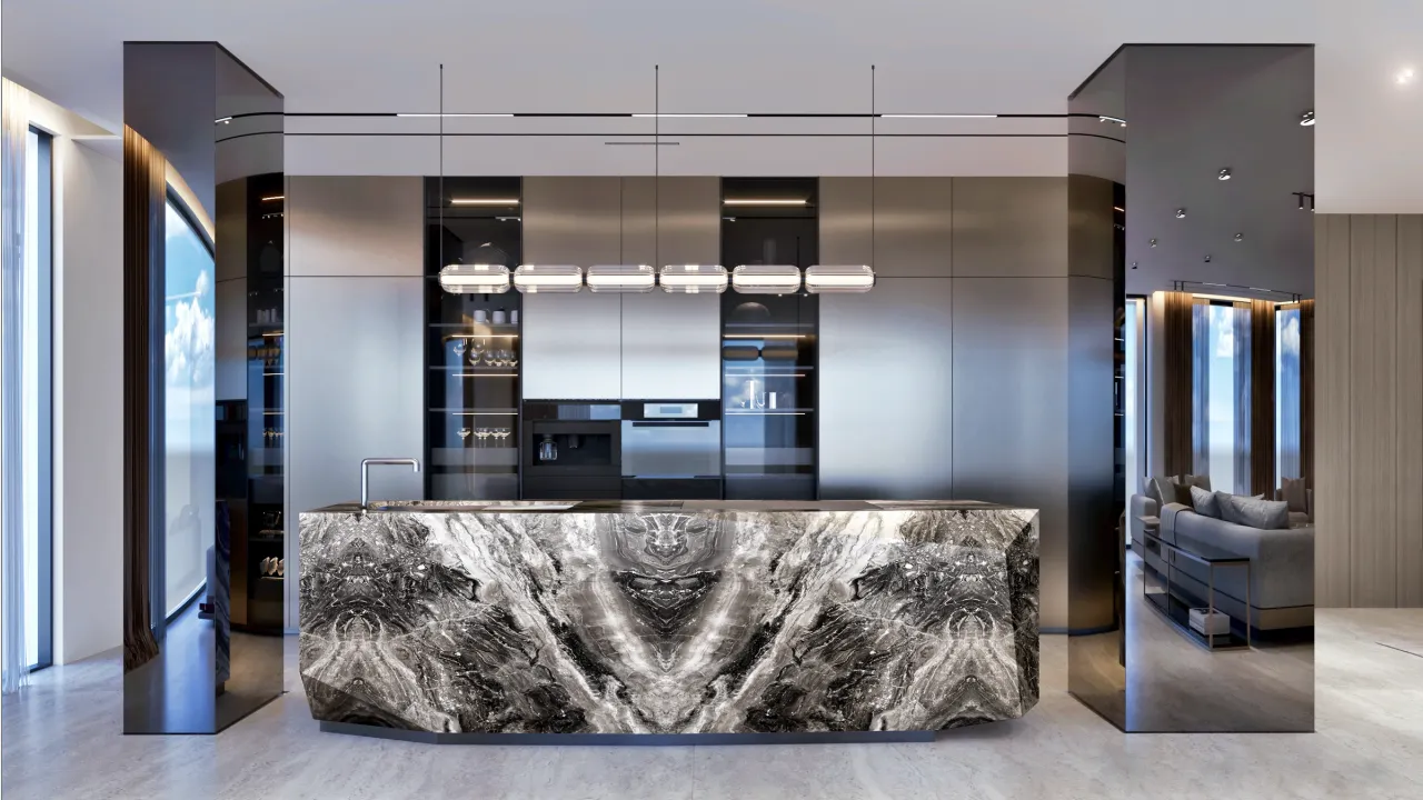 Impressive show kitchen design with stone island for villa renovation in Palm Jumeirah