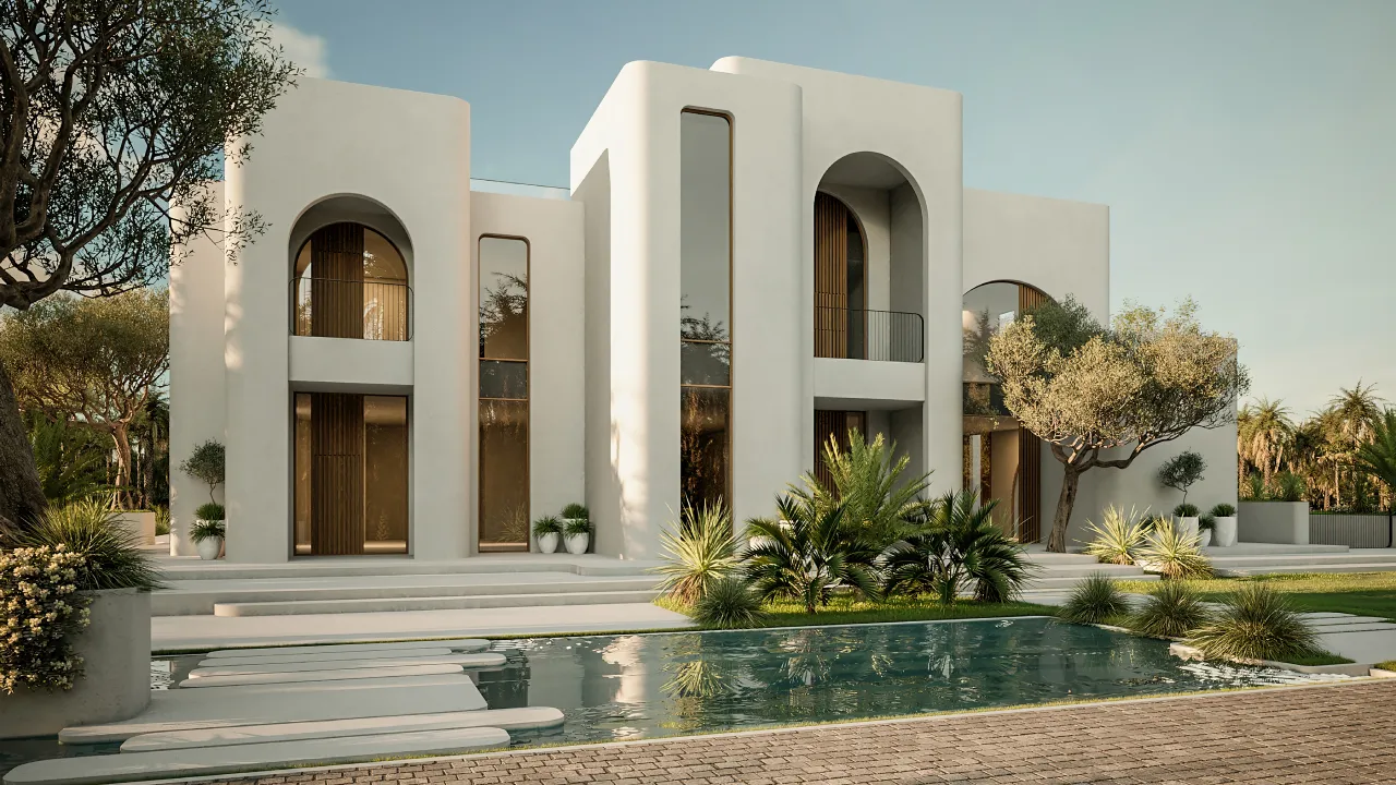 Landscape design around a modern villa in Al Awir Dubai with green lawn, palms, curved paths, swimming pool, terraces, and white modern villa architecture