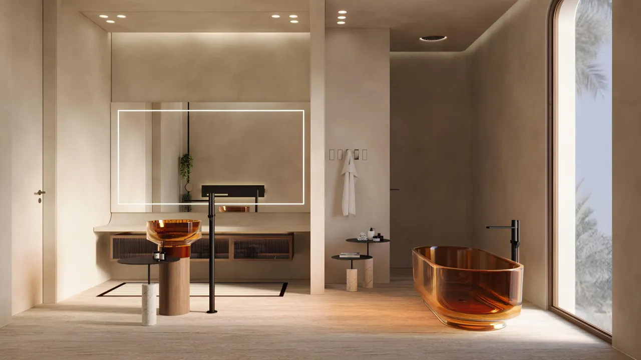 Luxury bathroom vanity and bathtub design for a Dubai villa with amber glass bath, illuminated mirror, wood vanity, stone floor, and garden-facing window