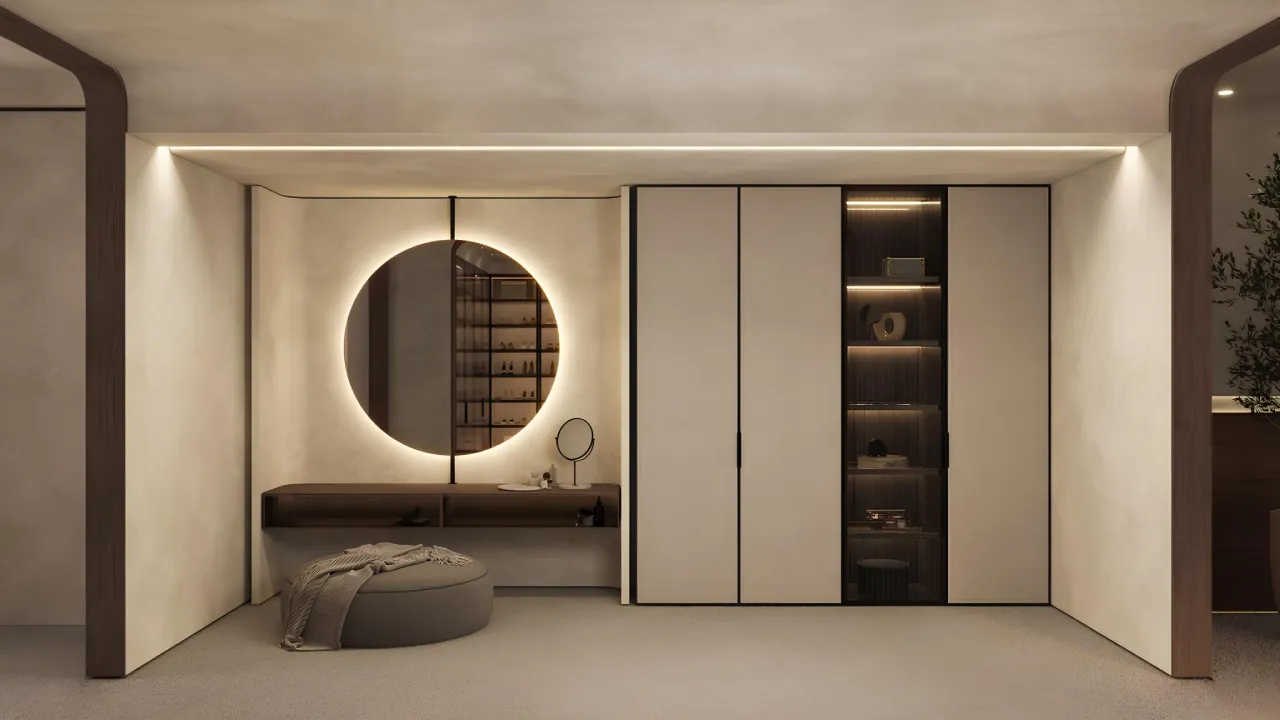 Dressing room design with backlit round mirror, wardrobe wall, dark wood vanity, soft seating, and warm neutral finishes for a Dubai house