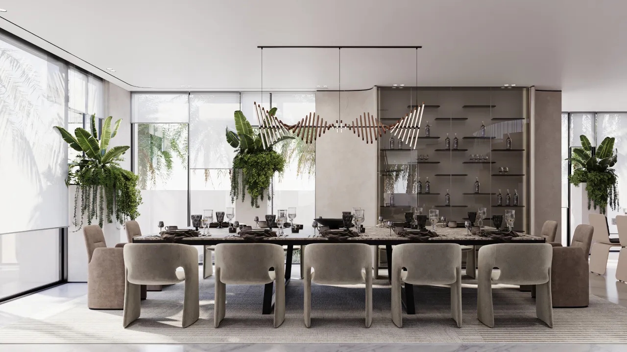 Luxury modern dining room interior design with a large table for 14 for a villa in Dubai