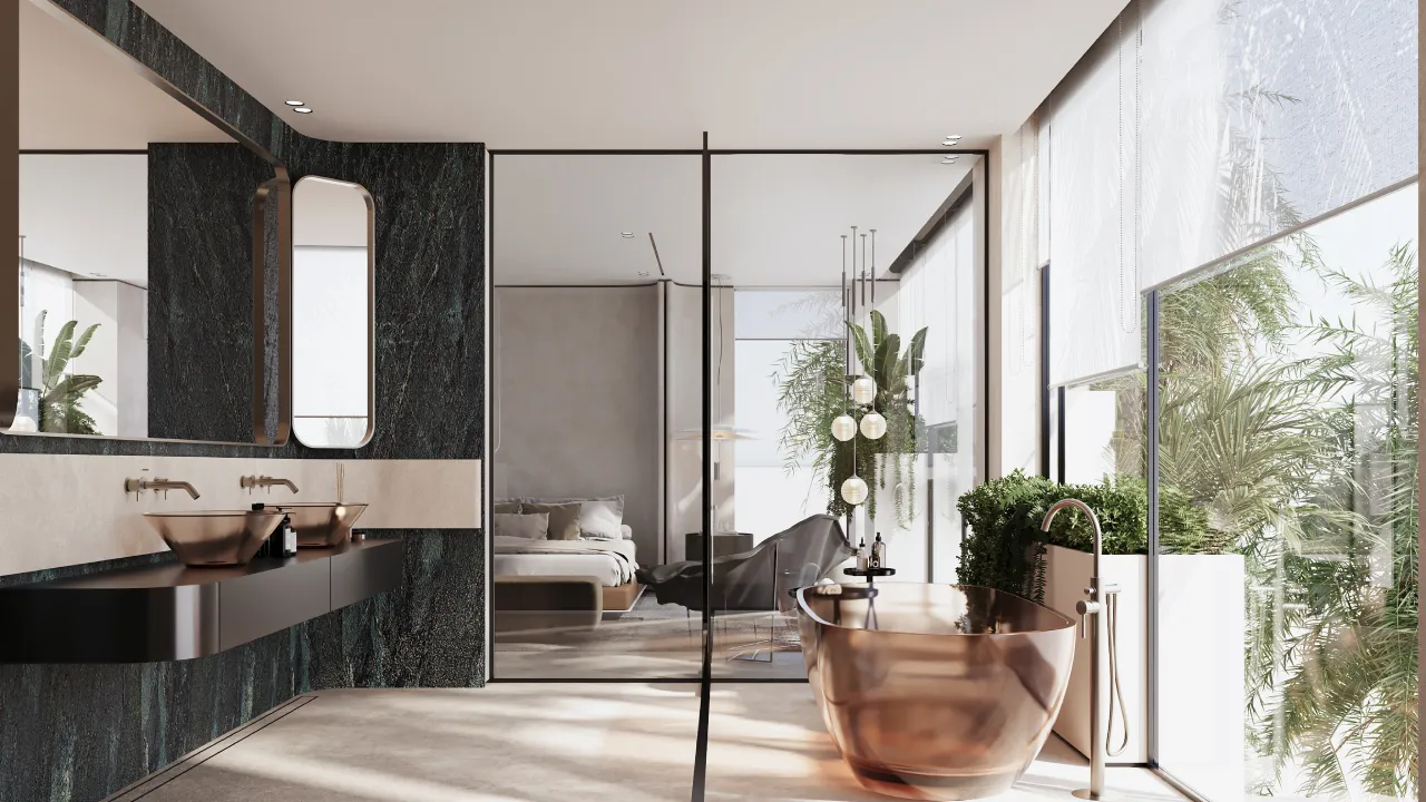 Luxury modern master bathroom design with bronze bathtub, dark green stone wall, bronze basins, glass partition, large windows and garden views