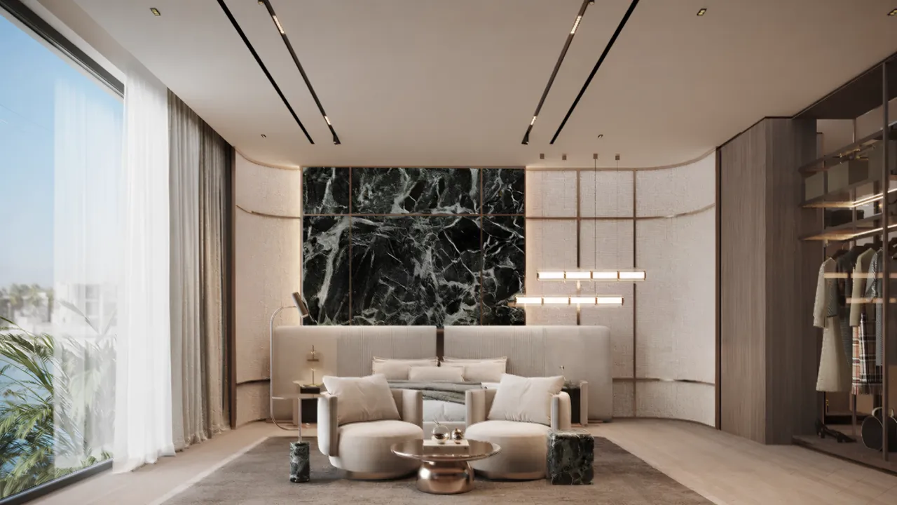 Luxury modern master bedroom interior design with stone headboard wall for a Dubai house