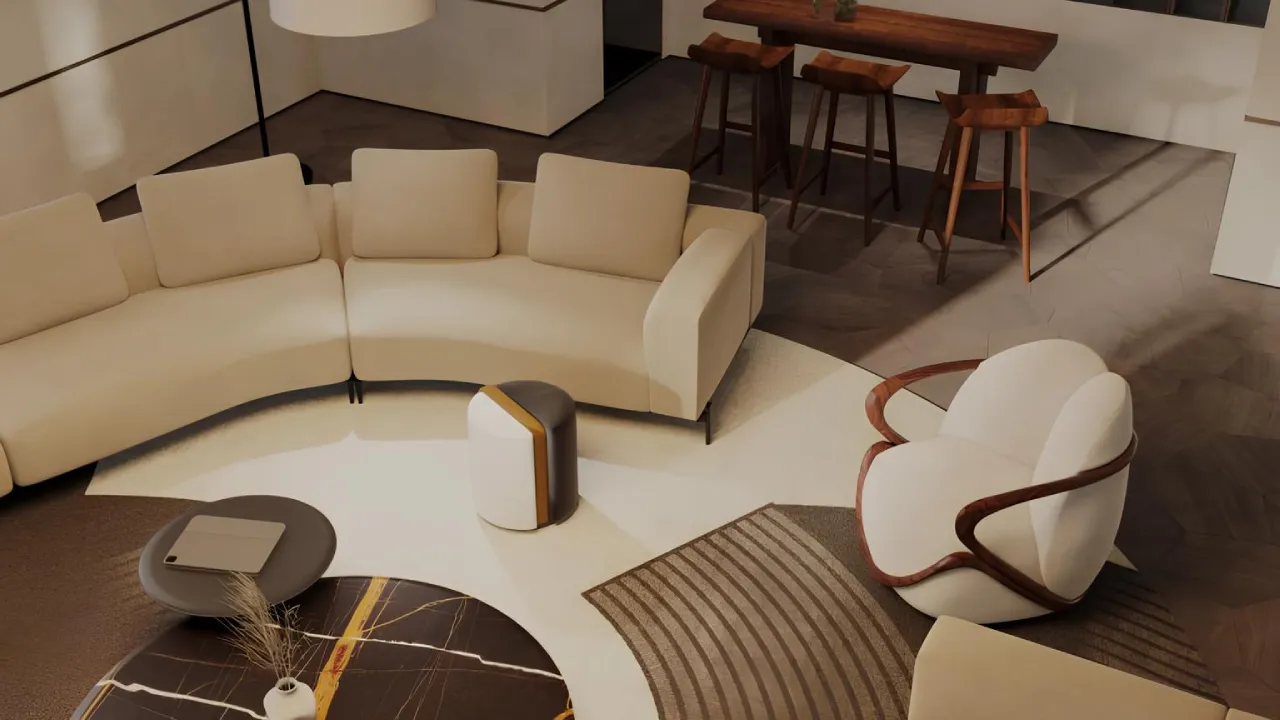 Open plan lounge design for villa in Al Awir Dubai with curved cream sofa, round stone coffee table, layered rug, bar counter, and timber shelving