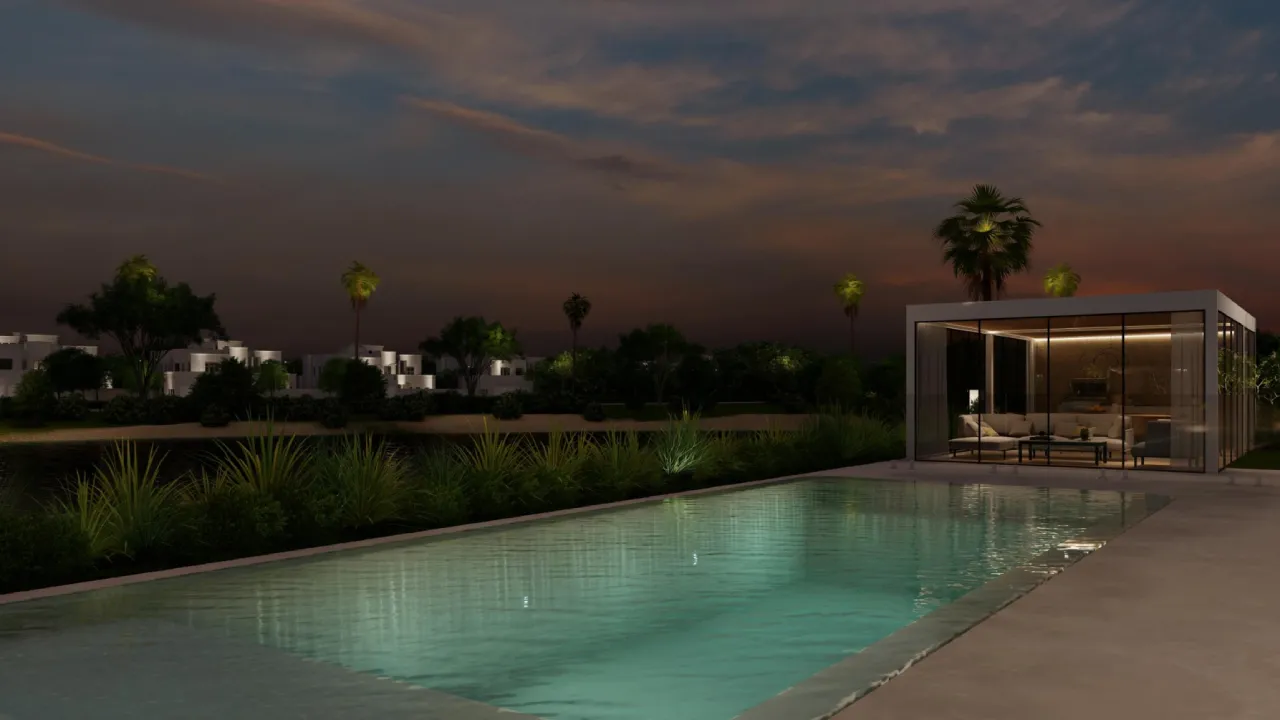 Luxury swimming pool and glass room addition for a house in Jumeirah Islands Dubai with evening lighting and lake views