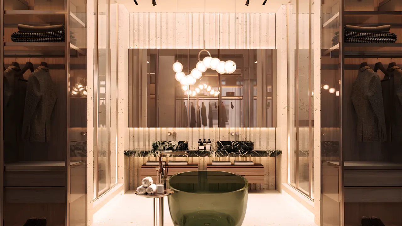 Master bathroom interior design for villa renovation on Palm Jumeirah with green freestanding tub, glass wardrobe storage, warm lighting, and stone vanity