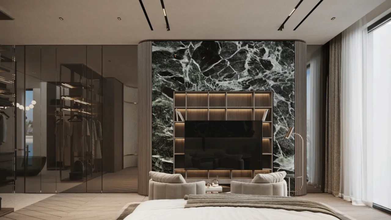 Master bedroom TV wall design with dark marble slab, built-in shelving, warm lights