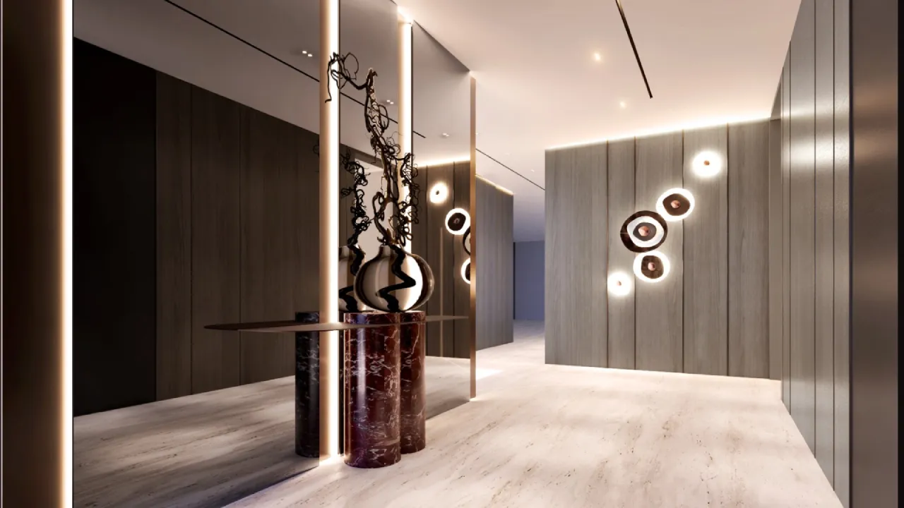 Modern house entrance design with mirror and stone console for a villa in Dubai