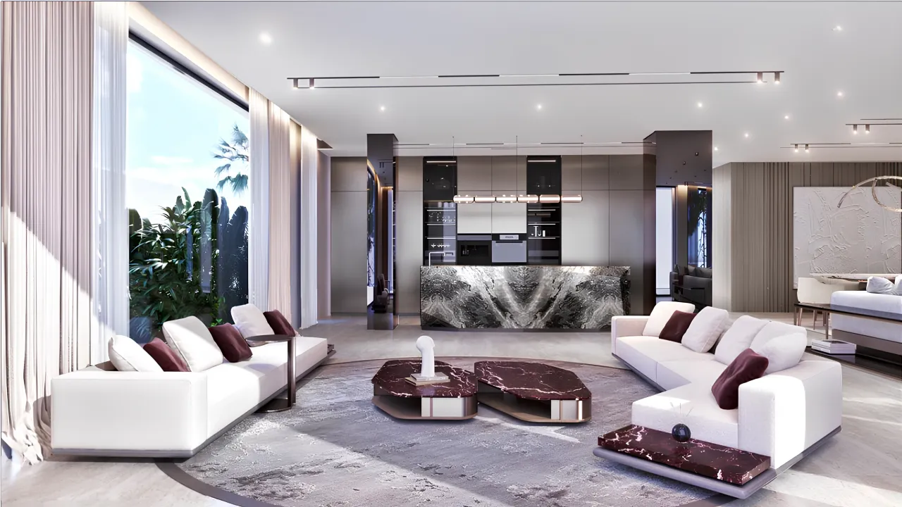 Modern house renovation on Palm Jumeirah with living room and luxury open kitchen