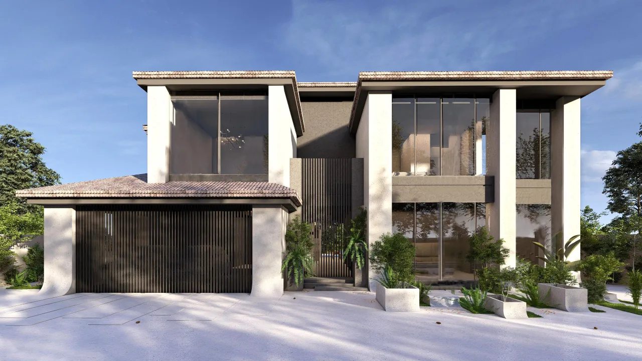 Modern luxury villa house exterior design in Jumeirah Golf Estates with tall glass windows, pale textured facade, dark slatted garage screen, landscaped entrance and modern villa architecture