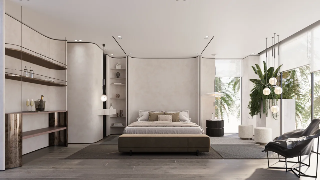 Modern master bedroom interior design with plants, warm wood flooring, soft bed, open shelves, globe pendant lights, black lounge chair and large windows