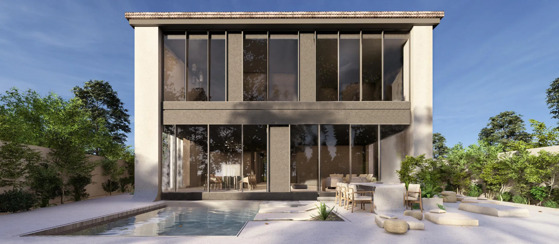 Modern villa renovation project in Jumeirah Golf Estates with modern rear exterior design, overflow swimming pool, outdoor dining area and landscaped garden