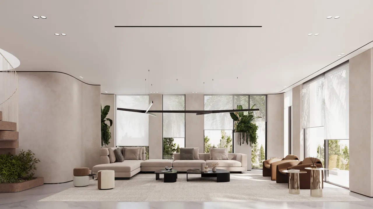  Modern living room renovation design in Jumeirah Golf Estates with off white sectional sofa, caramel chairs, large windows, indoor plants and modern pendant lighting