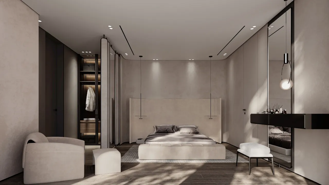 Modern villa master bedroom design with wardrobe in Dubai, curved upholstered headboard, dark wood floor, pendant lights, vanity and mirrored panels