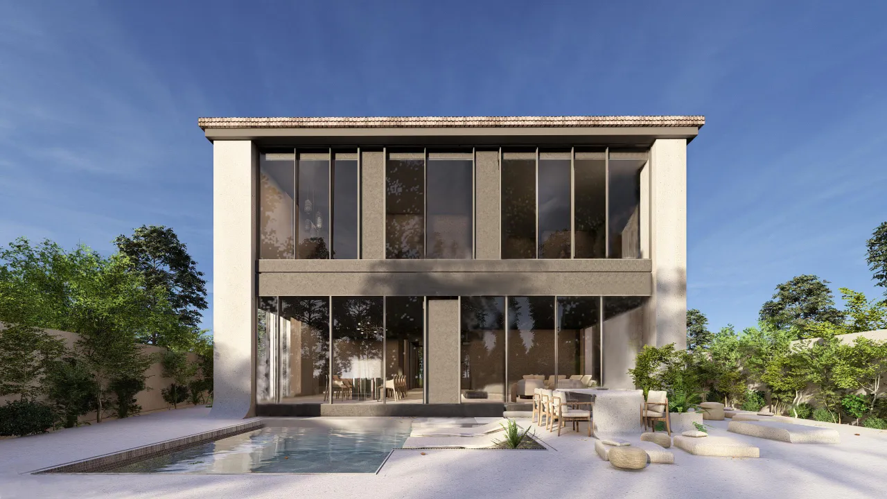 High-end home with tall glass facade, cream columns, dark cladding, swimming pool, outdoor dining area, lounge seating, and landscaped garden.