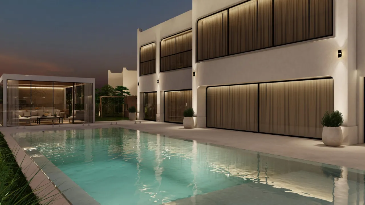 Night view of a luxury villa exterior in Dubai with warm lighting, pool reflections, glass pavilion and large windows