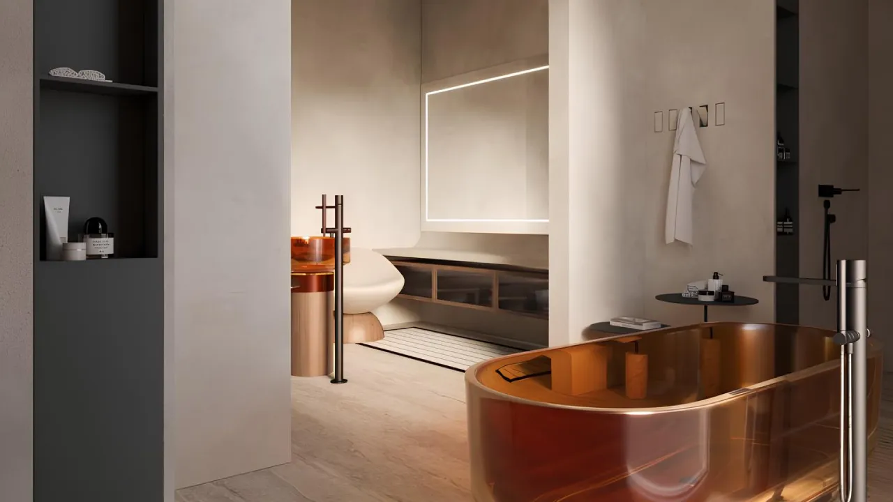 Spa bathroom design with amber glass freestanding bathtub, arched opening, dark shelving, stone flooring, and warm plaster walls for a Dubai villa