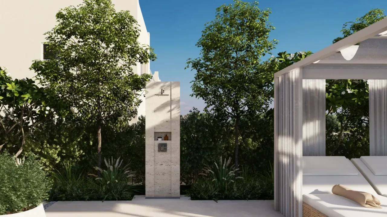 Swimming pool shower design near canopy lounges with stone finish, dense greenery and resort-style outdoor setting