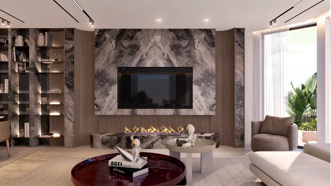 TV wall design for a Palm Jumeirah house living room with a stone feature wall, linear fireplace, display shelving, and lounge seating