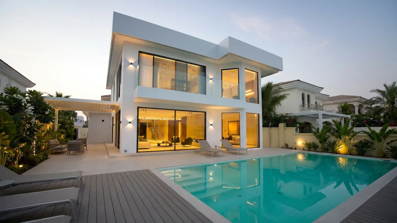 Swimming pool makeover with pale stone terrace, pool steps, grey outdoor seating, waterfront view, and villa exterior