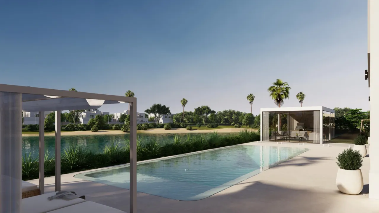 Pool Area Renovation with Glass Pool House Custom pool renovation with glass pool house, waterfront swimming pool, lounge furniture, curtains, and greenery