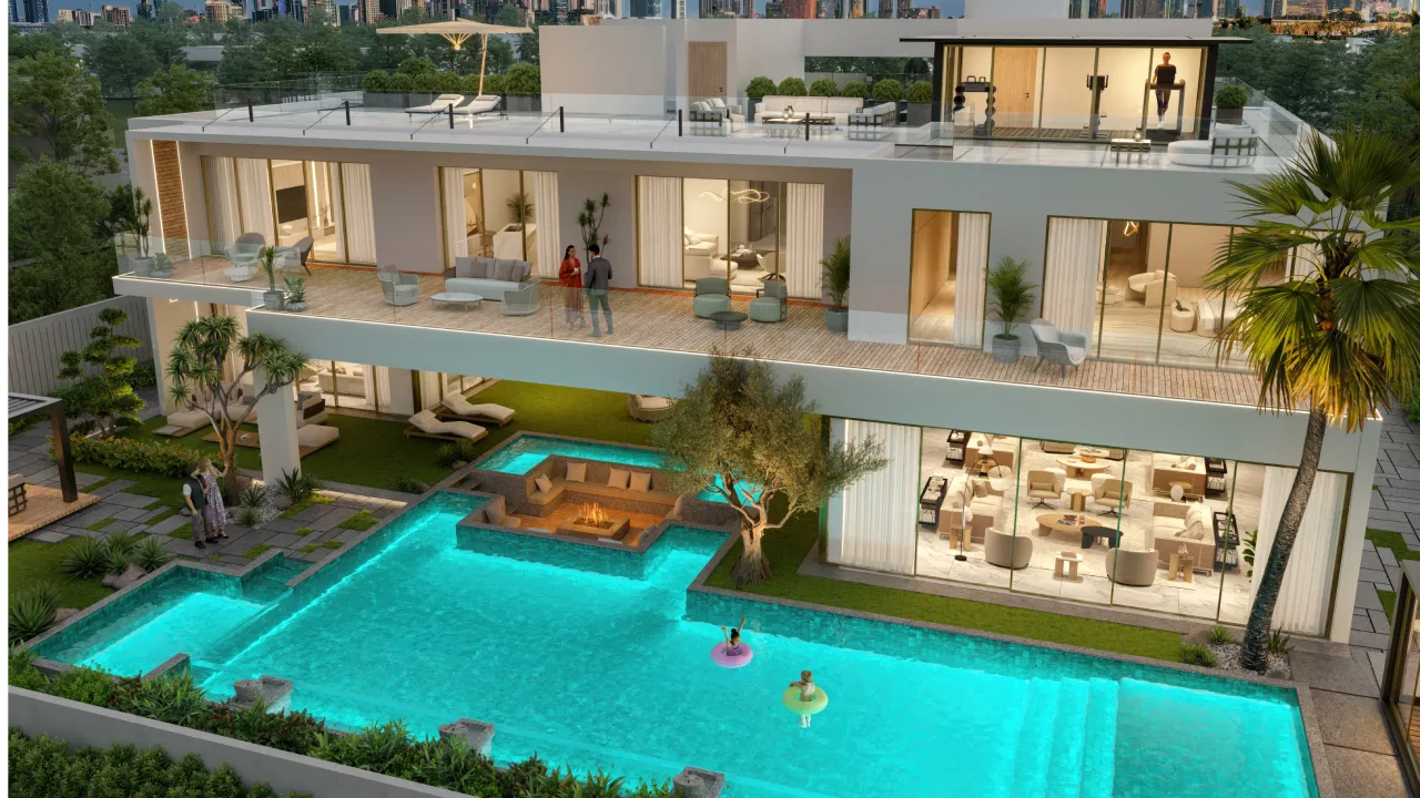 Custom villa pool renovation concept with large pool, sunken seating, stepping stones, landscape planting, and modern exterior