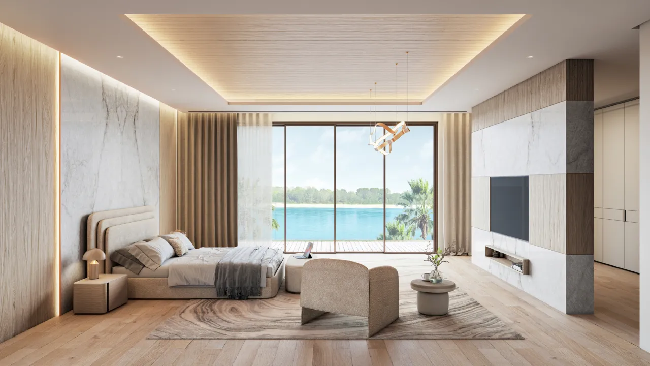 Exclusive house design with master bedroom, layered beige palette, water view, sculptural chair and marble feature wall