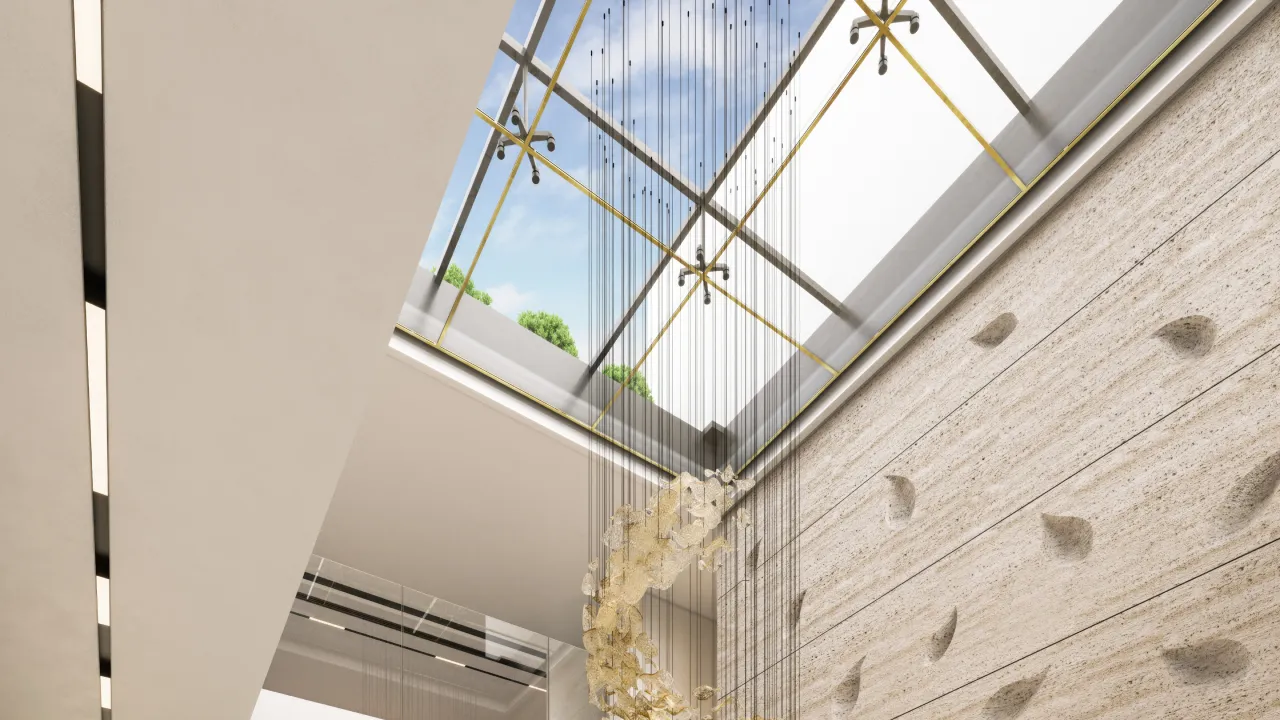 Luxury villa architecture design with foyer skylight, suspended chandelier, textured stone wall and gold framing