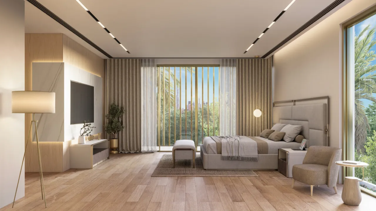 Luxury villa bedroom interior in Dubai with garden view, beige curtains, upholstered bed, lounge chair and warm wood floor