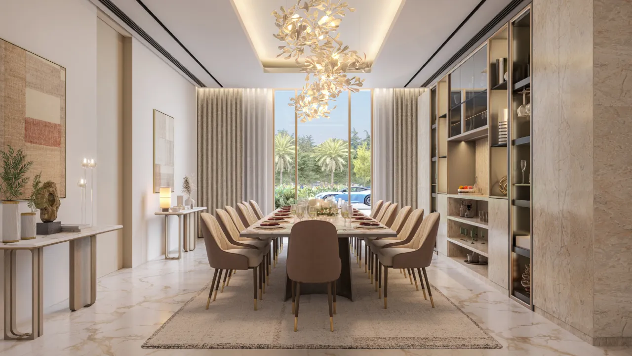 Luxury villa dining room interior design in Dubai with long dining table, upholstered chairs, chandelier and display shelves