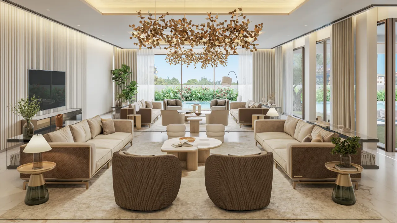 Luxury villa formal living room in Sobha Hartland with cream sofas, textured wall panels, chandeliers and garden view