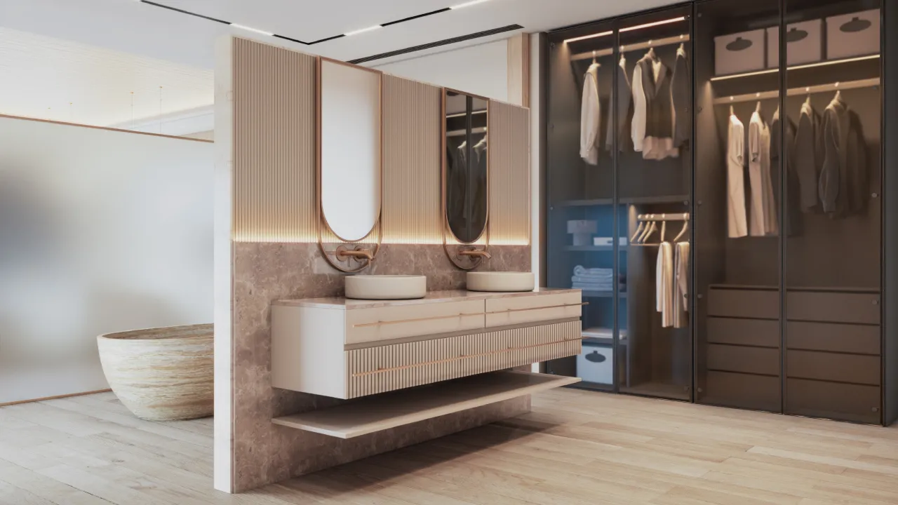 Luxury villa master bathroom with double vanity, ribbed cabinetry, bronze mirrors, stone wall and glass dressing area