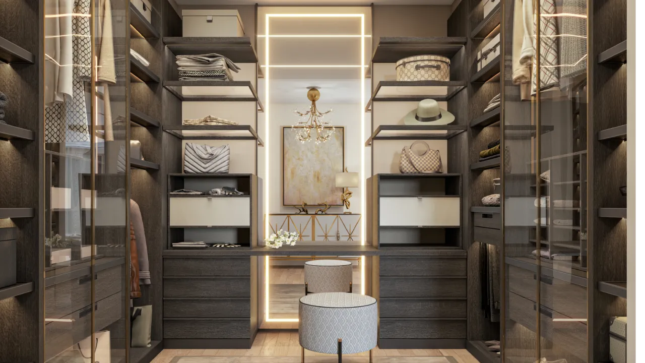 Luxury villa walk-in closet dressing room with dark wood wardrobes, glass doors, lit shelves and central vanity mirror