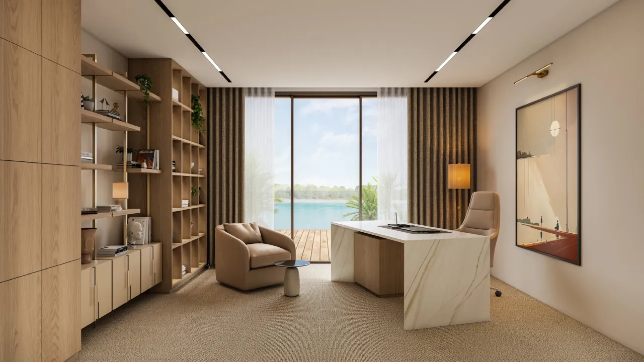 Modern luxury house design with home office, pale wood shelving, marble desk, lounge chair and water view