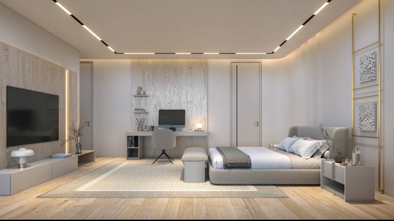Modern luxury villa bedroom in Sobha Hartland Dubai with soft beige palette, TV wall and built-in study area