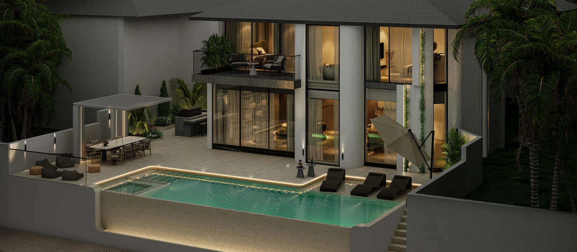 Night View Infinity Pool for a Luxury Villa on Palm Jumeirah Modern villa with an illuminated infinity swimming pool, integrated spa, sun loungers, outdoor dining area, and warm evening lighting.