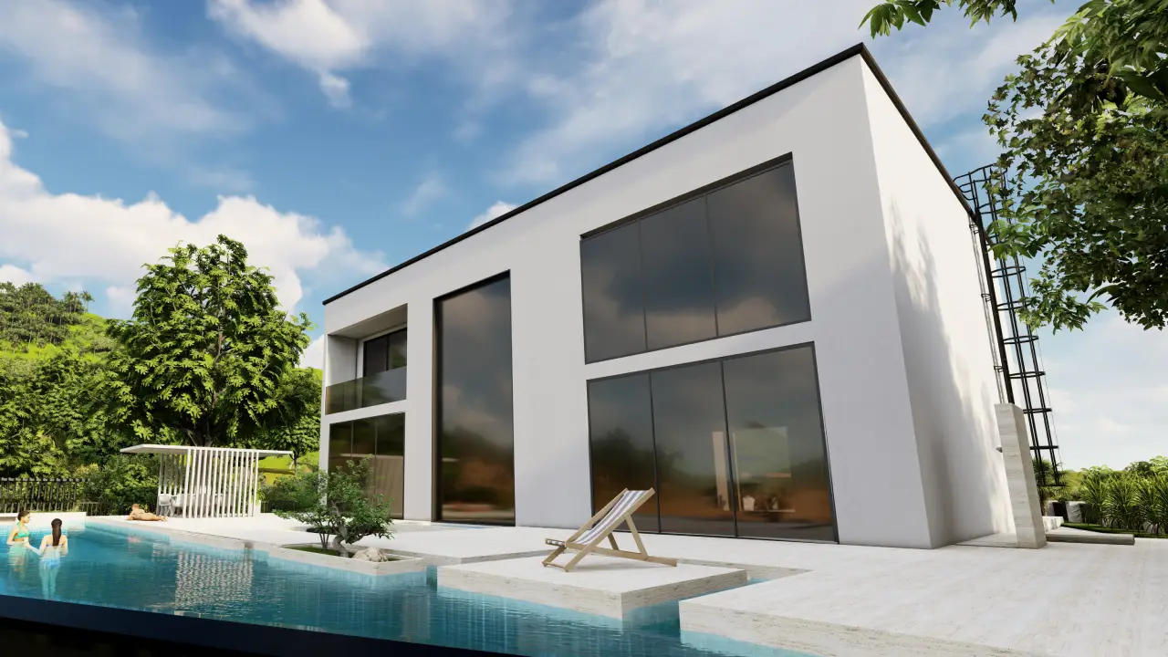 Ultra modern rear villa facade with pool terrace, large dark glass windows, white exterior walls, lounge deck and private landscaped garden in Dubai