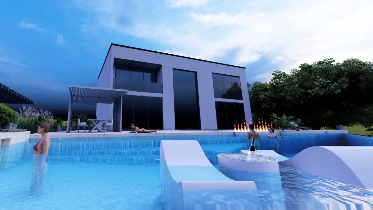 Ultra modern villa pool design with integrated jacuzzi seating, built in water lounge, fire feature, rear glass facade and outdoor entertainment area