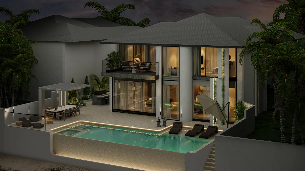 Contemporary Dubai Villa Exterior Design at night with pitched roof, full-height glass facade, balcony lounge, illuminated swimming pool, outdoor dining terrace, and lush palm landscaping.