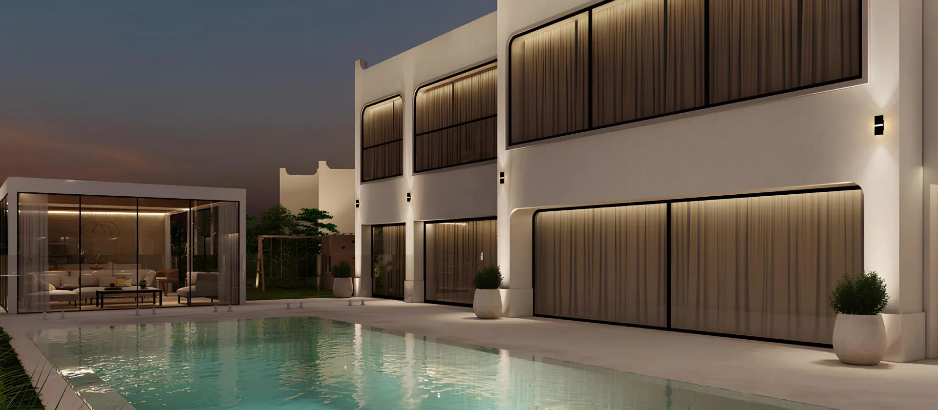 Modern Mediterranean pool terrace in Dubai with white villa facade, arched openings, timber screens, warm lighting, palms, ornamental grasses, and outdoor lounge area.