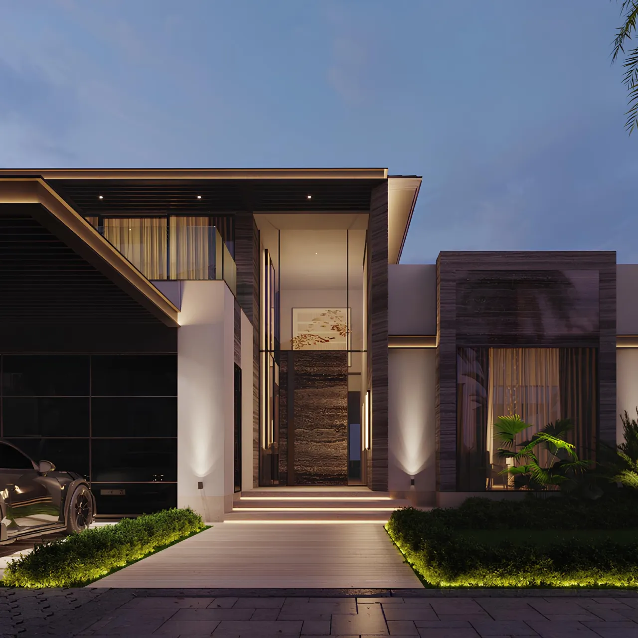 A luxury modern villa entrance at night with dark wood cladding, a tall glass foyer, warm step and facade lighting, trimmed landscaping, large windows, and a car parked near the driveway.