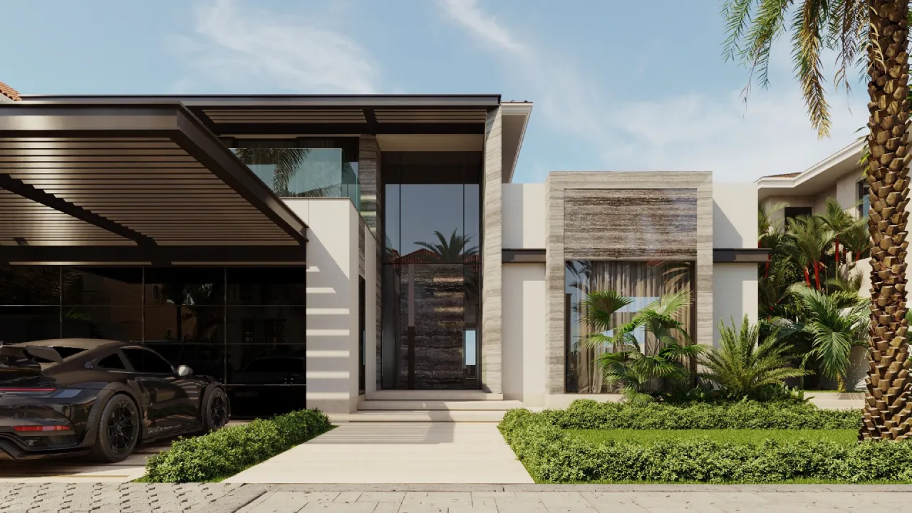 Contemporary villa entrance with a covered carport, stone-clad facade, large windows, palm trees, and neatly planted front garden.