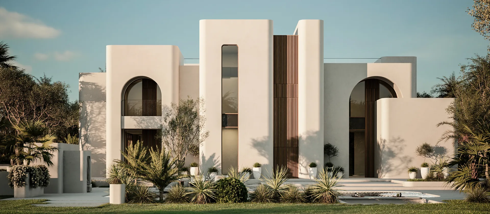 Modern Mediterranean home exterior in Dubai with white arched facade, rounded villa walls, timber screens, landscaped garden, pool terrace, palms, and bright outdoor setting.